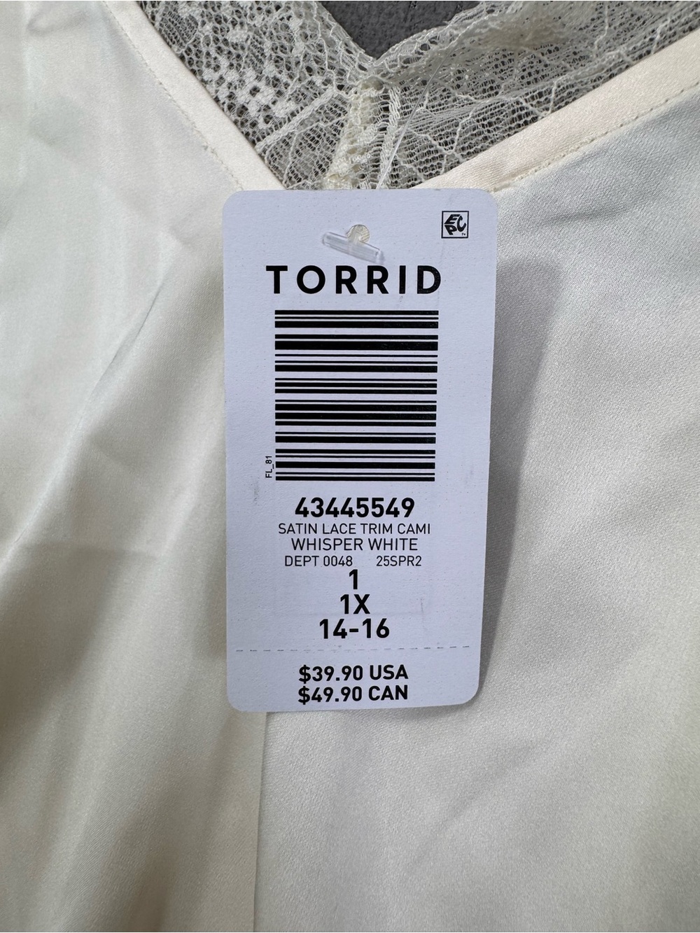 Torrid Satin Lace Trim Cami Ivory, Whisper White, Camisole, 1X - Picture 5 of 16